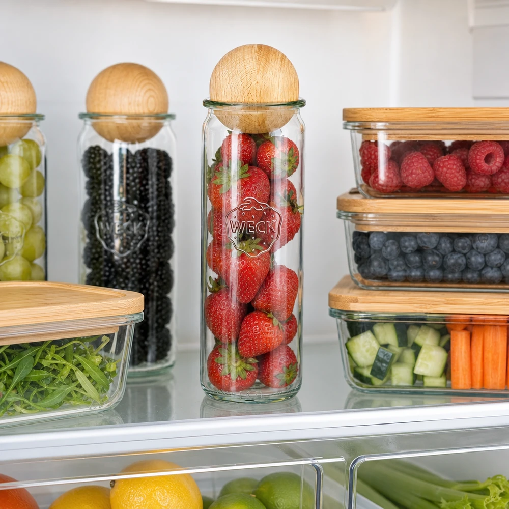 WECK 600ml Zylinderglas RR60 mit Erdbeeren im Kühlschrank neben Beeren und Gemüse in Vorratsgläsern mit Holzdeckeln