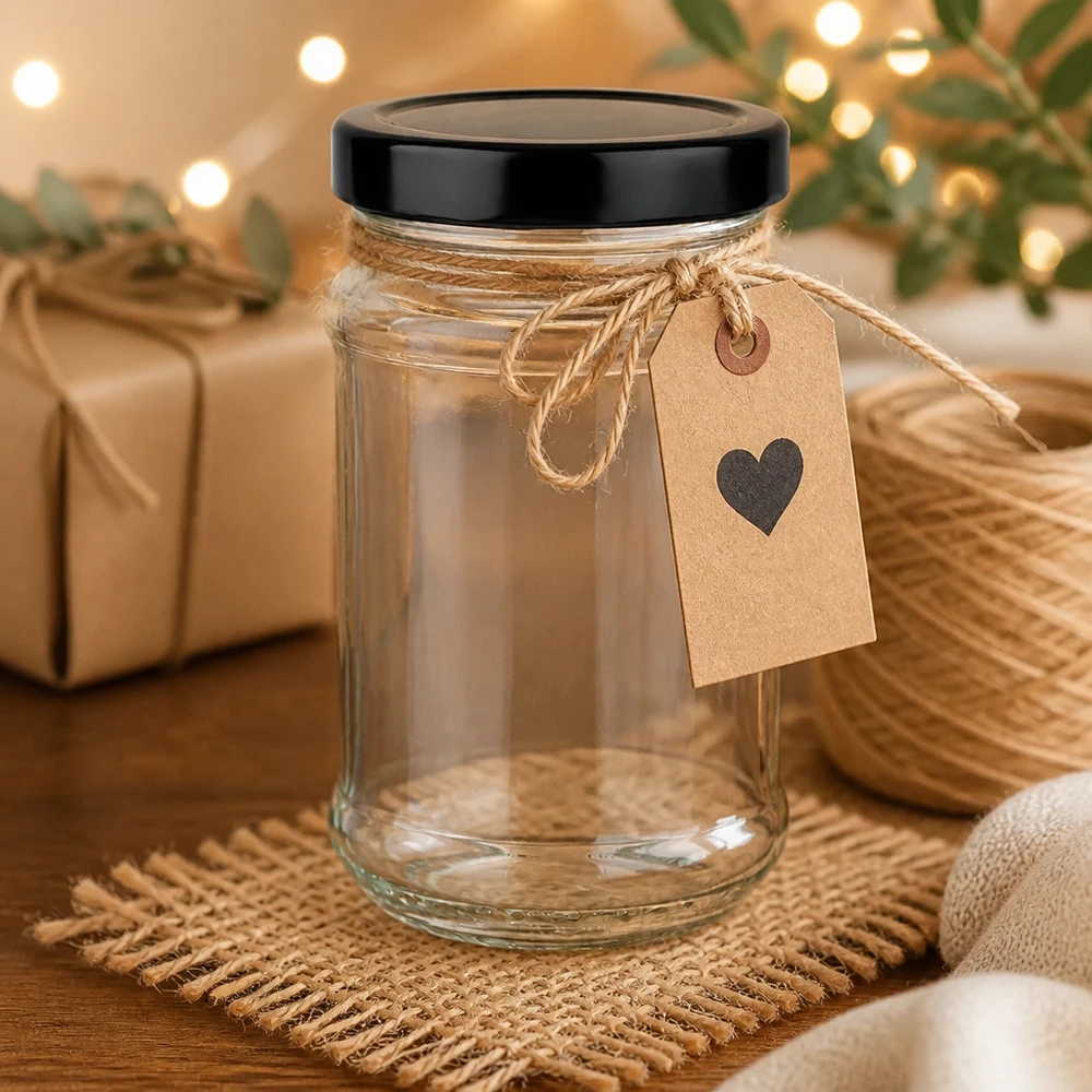 390ml Rundglas mit schwarzem UNiTWIST Deckel als Geschenkidee mit Herzanhänger in gemütlicher Weihnachtsdeko
