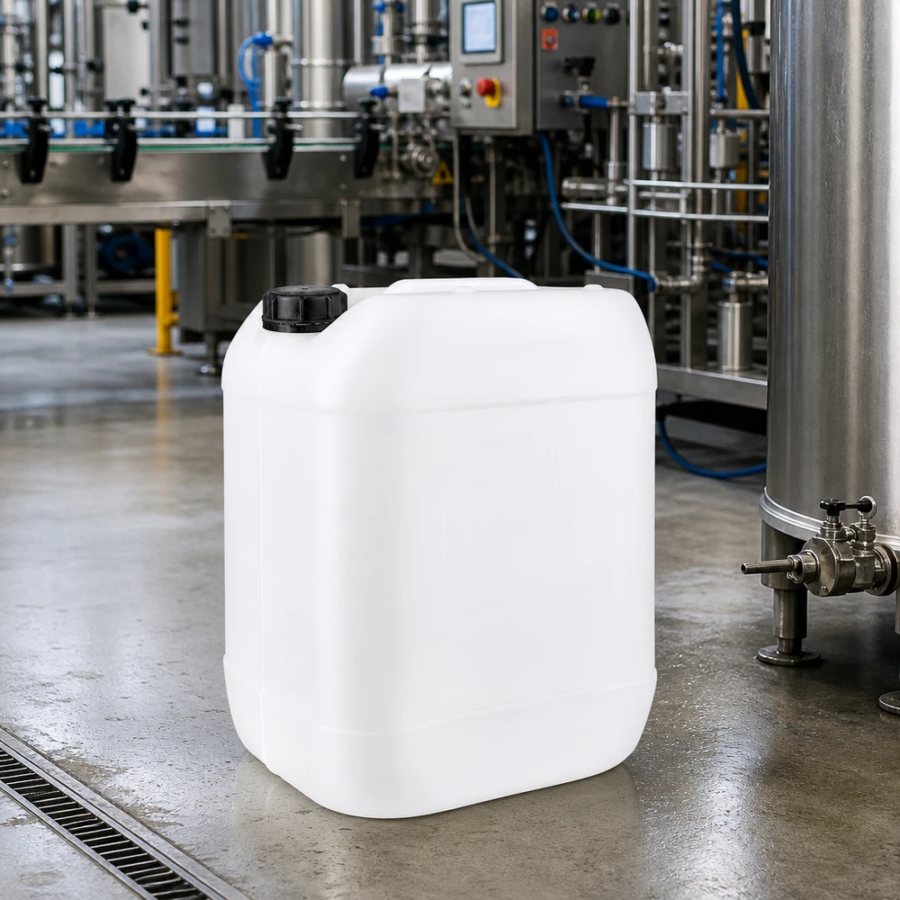 Kanister 20 Liter mit Schraubverschluss Originalitätsverschluss Stapelbarer 20 Liter Kanister aus HDPE in Weiß mit auslaufsicherem Schraubdeckel
