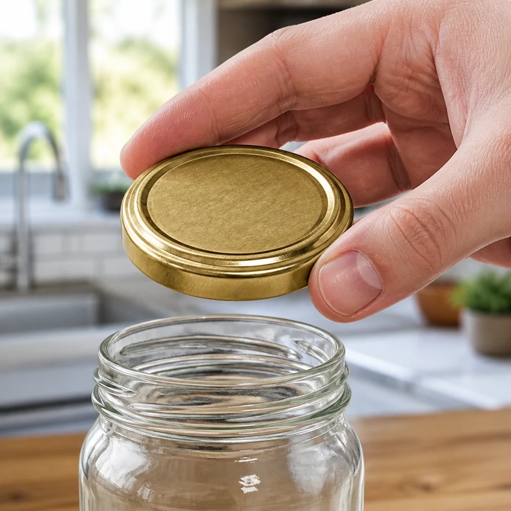 UNiTWIST TO66 gold, BioSeal, BPA-NI, unitemp Goldfarbener Metalldeckel TO66 UNiTWIST BioSeal unitemp wird auf transparentes Glas gesetzt