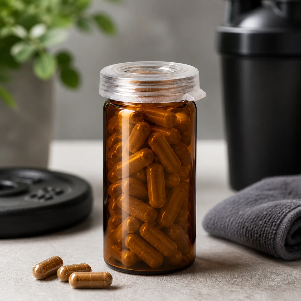 Tabletten/Rollrandglas 5ml klar mit Schnappdeckel Kleines Apothekerglas 5ml aus Braunglas gefüllt mit Nahrungsergänzungsmittel-Kapseln im Sportumfeld