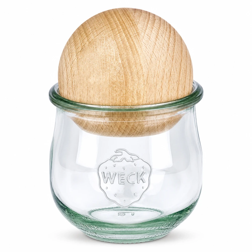 WECK Tulpenglas RR80 370ml mit Bucheholzkugel-Deckel, Einmachglas mit Holzdeckel aus Buche, nachhaltige Aufbewahrung