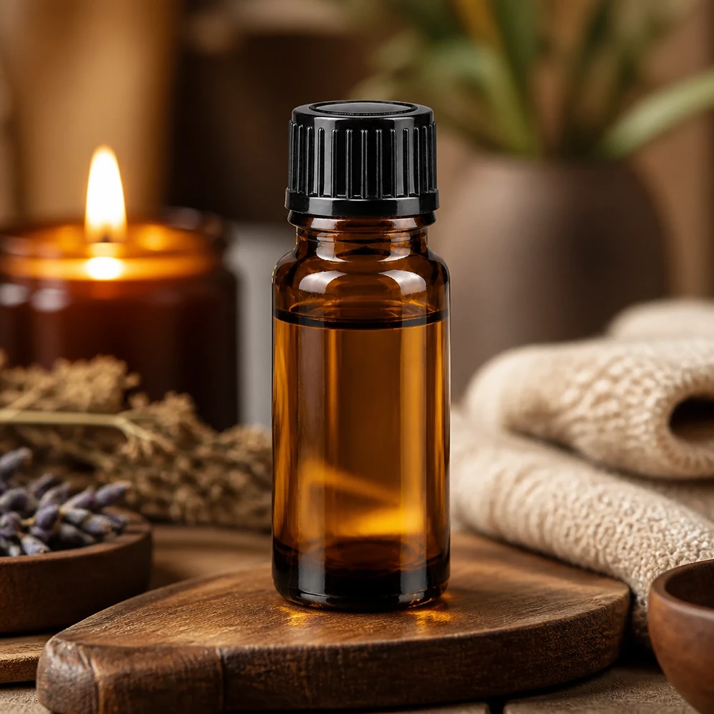 Bernsteinfarbene 10ml Glasflasche mit schwarzem Tropfaufsatz in rustikalem Wellness-Ambiente