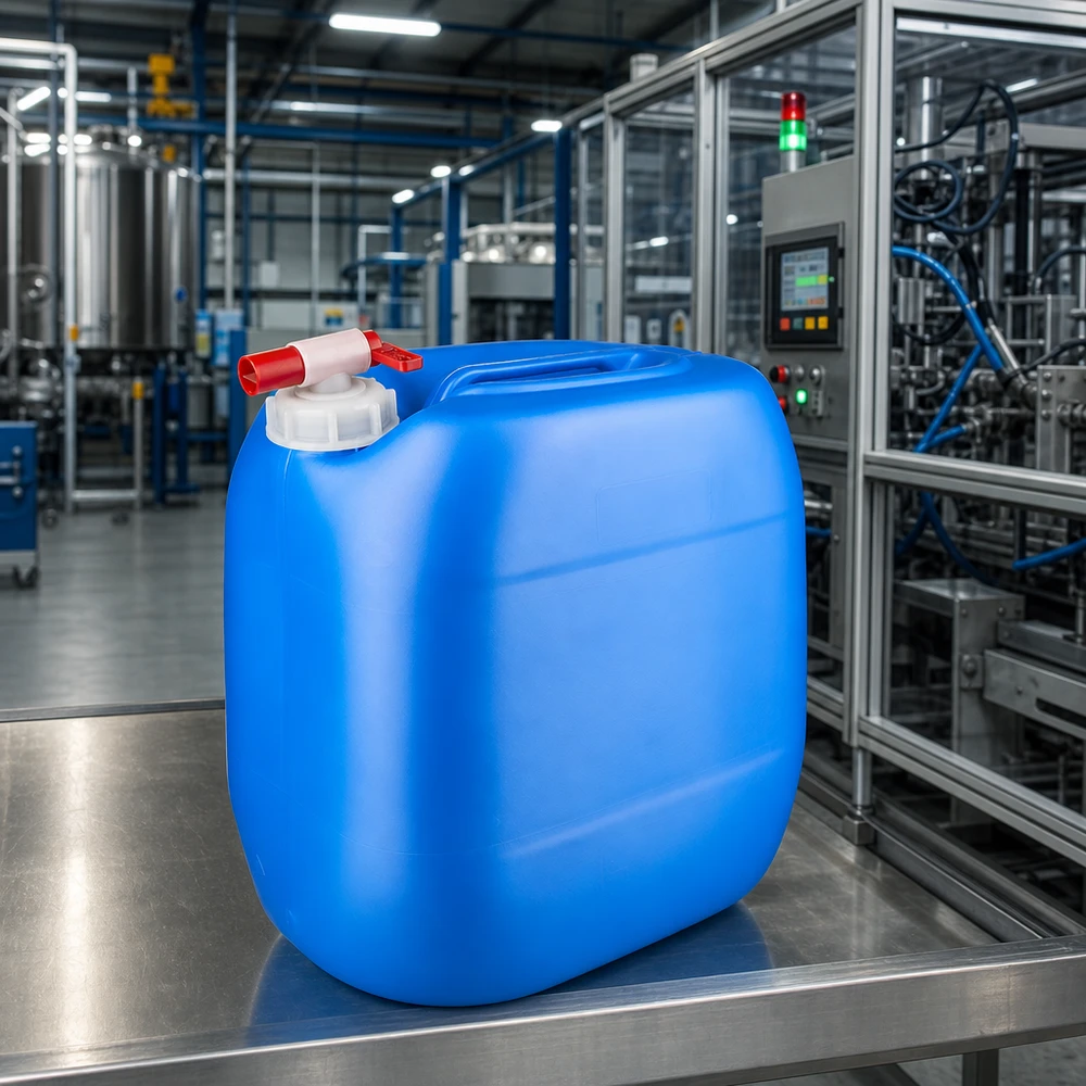 Kanister 30 Liter blau mit Auslaufhahn Lebensmittelechter Kunststoffkanister 30L mit Auslaufhahn in moderner Produktionsanlage