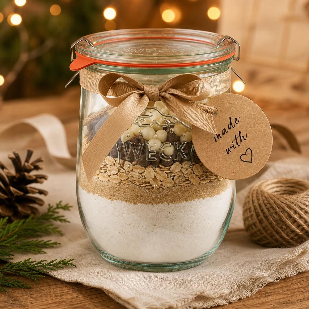 WECK Tulpenglas 1062ml RR100 als Geschenkidee mit Schleife und Made with Love Anhänger weihnachtlich dekoriert