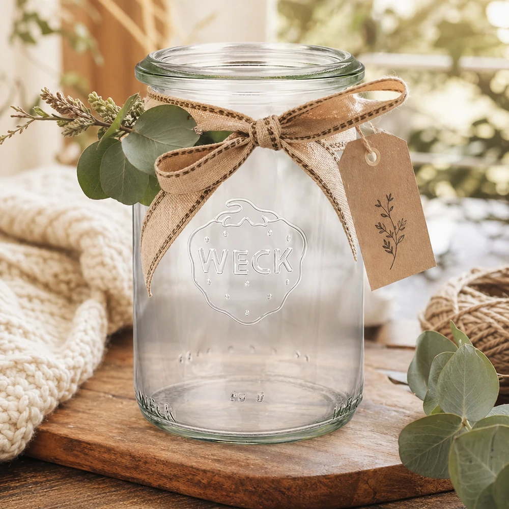 WECK Zylinderglas 145ml RR40 mit Schleifenband und Anhänger rustikal dekoriert auf Holzbrett mit Eukalyptus