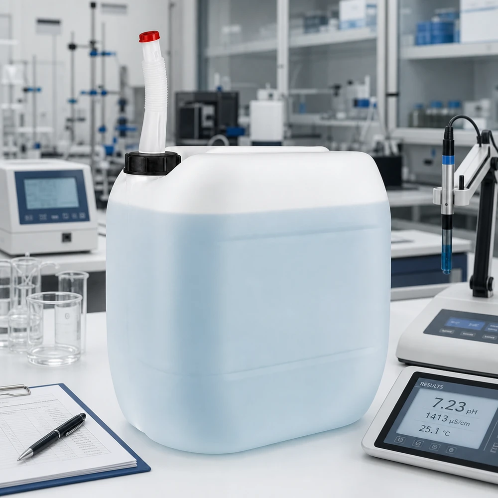 Hellblauer 30L Laborkanister mit flexiblem Auslaufrohr neben pH-Messgerät und Elektrode
