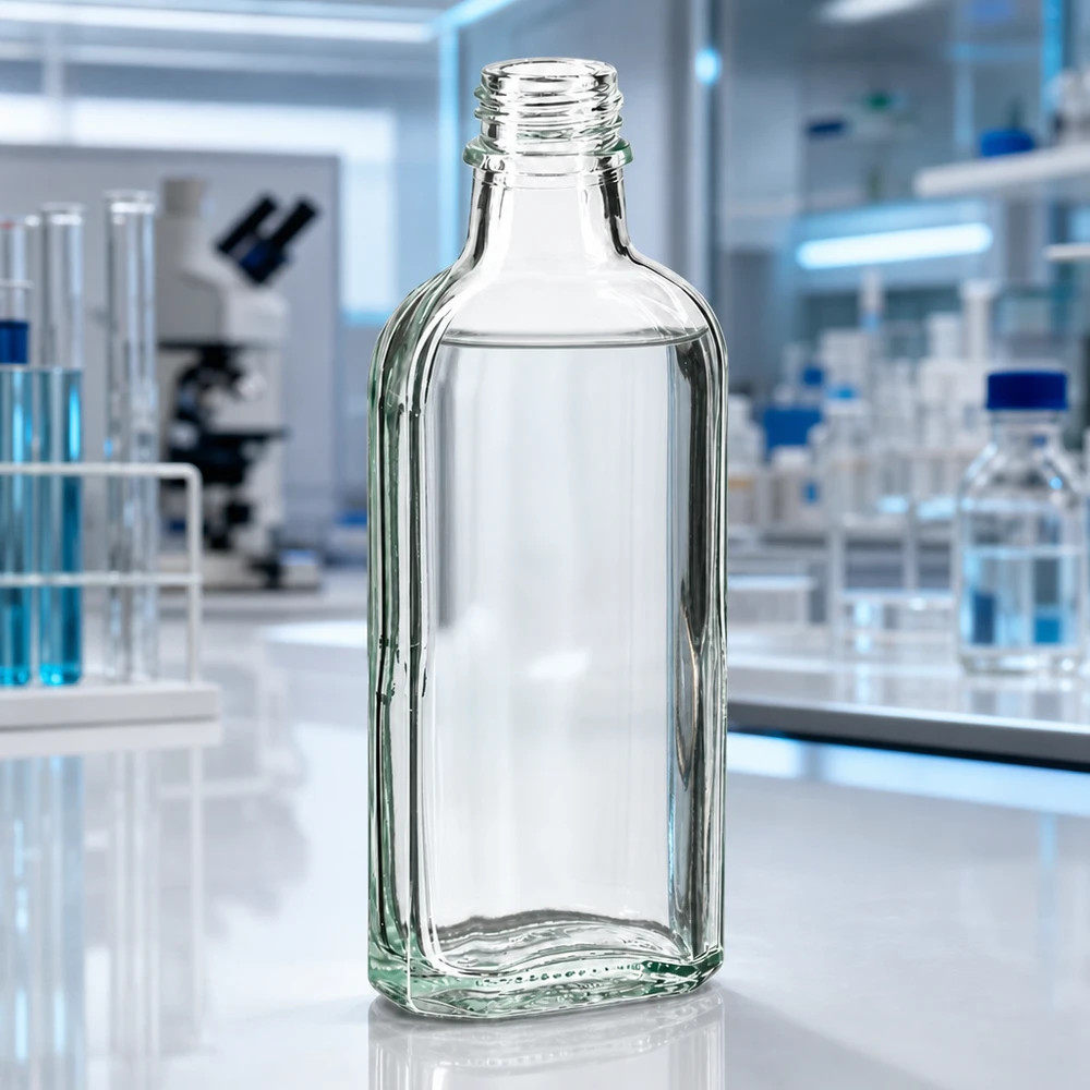 Transparente Meplatflasche 100 ml klar mit DIN22 Mündung auf weißer Laborarbeitsfläche