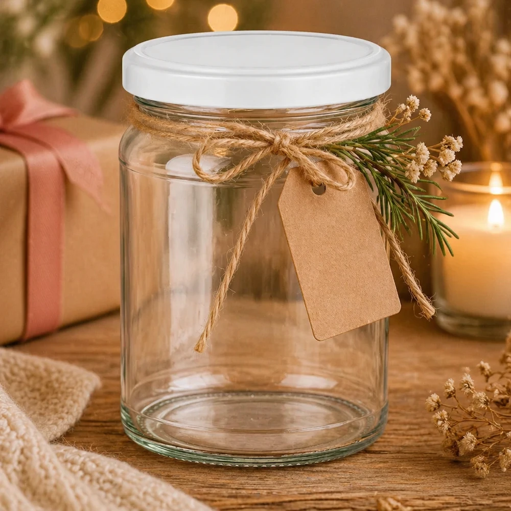 205ml Rundglas UNiTWIST weihnachtlich dekoriert mit Juteschnur und Tannenzweig - festliche Geschenkverpackung