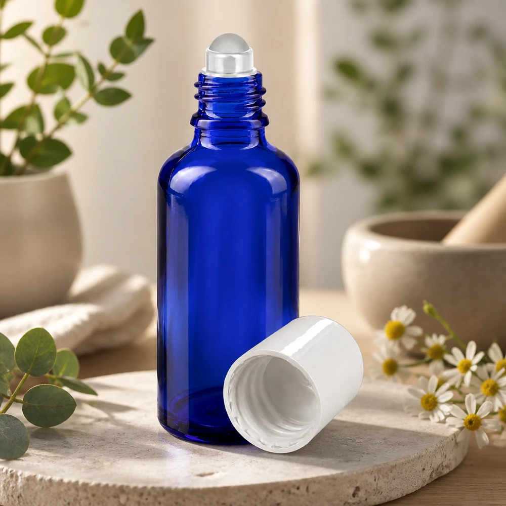 Roll-On Flasche 50ml aus kobaltblauem Apothekenglas mit transparenter Edelstahlkugel