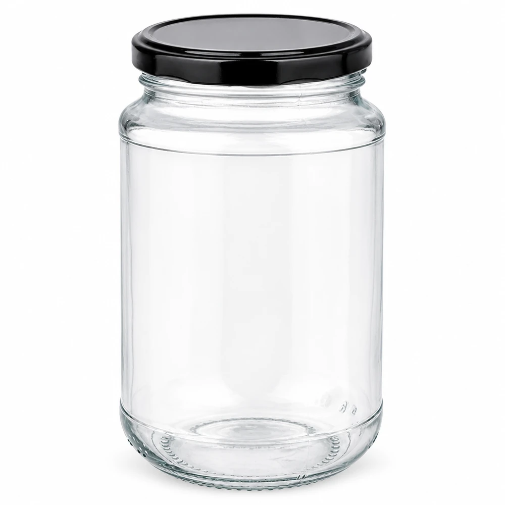 Rundes Vorratsglas 320ml aus klarem Glas mit schwarzem Schraubdeckel BasicSeal