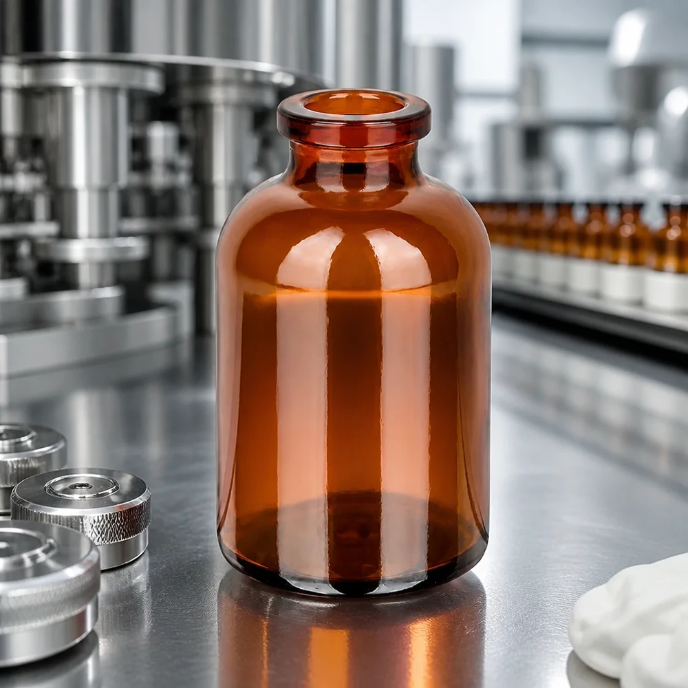 Bernsteinfarbene Borosilikatglas Injektionsflasche 30ml neben Aluminiumkappen im GMP-Betrieb