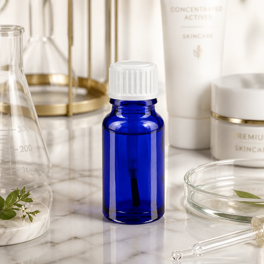 Blaues Apothekerglas 10ml STD mit kindersicherem weißen Deckel für Kosmetik und Pharmazie