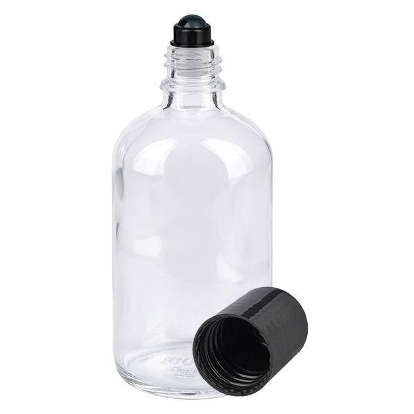 Apothekenflasche klar 100ml Roll-On Verschluss schwarz Apothekenflasche klar 100ml Roll-On Verschluss schwarz