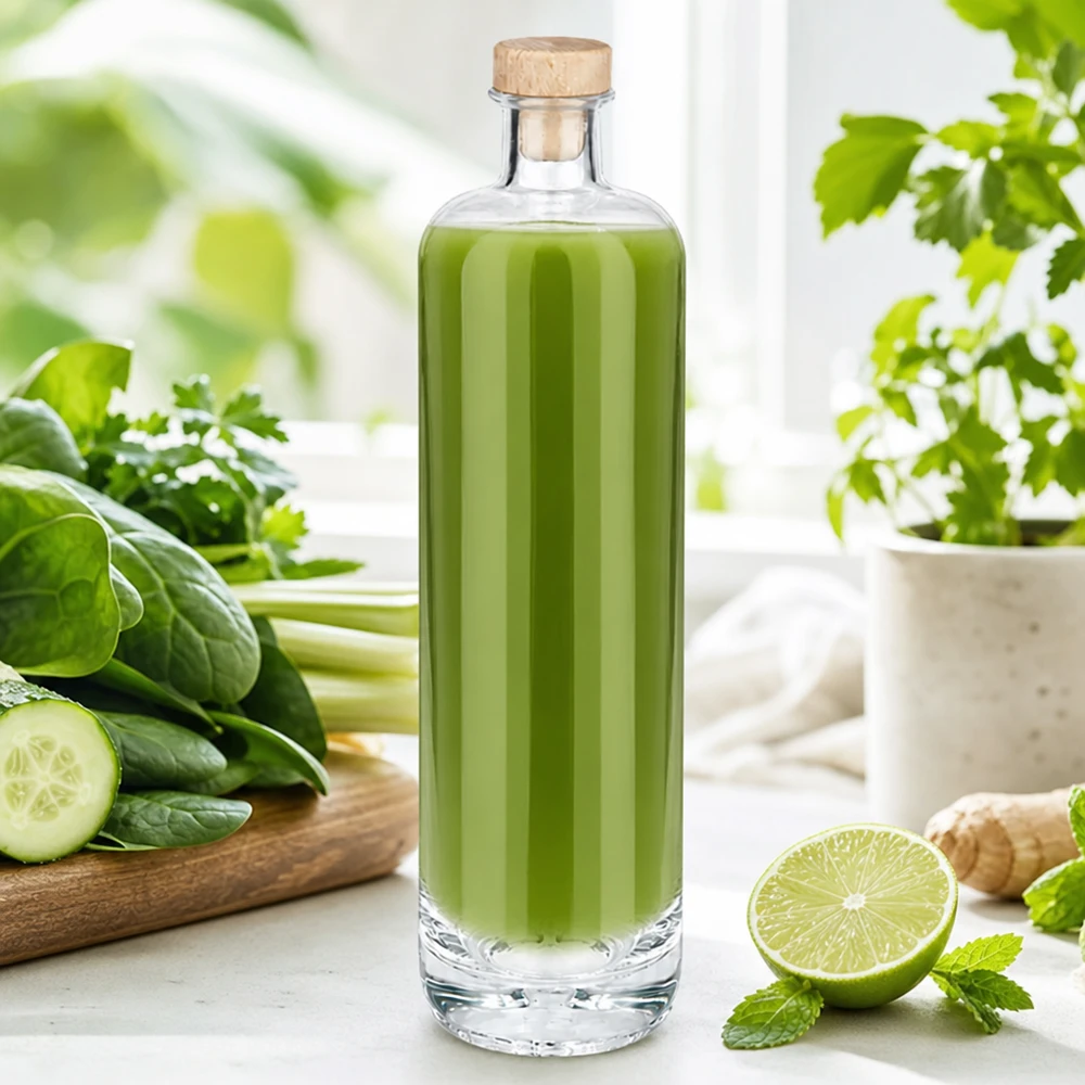 700ml Glasflasche Ella mit grünem Smoothie gefüllt und Holzkorken zwischen frischen Gurken Limetten und Kräutern