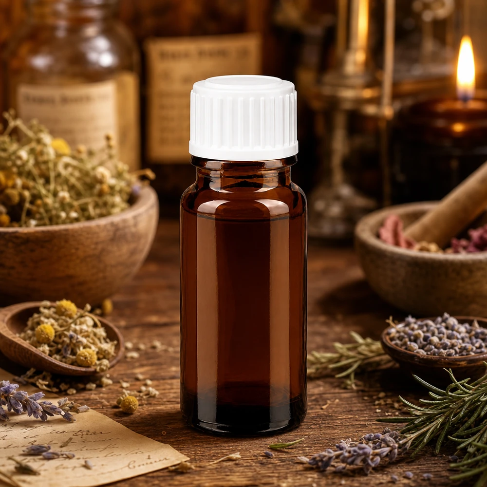 Apothekenflasche braun 10ml Schraubverschluss weiß Standard Lichtschutzflasche aus Braunglas 10ml mit weißem Verschluss umgeben von Heilkräutern und Lavendel
