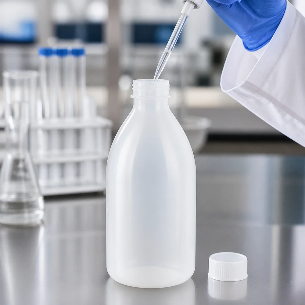 Laborant füllt klare Flüssigkeit per Pipette in 1000ml Kunststoff Schraubflasche