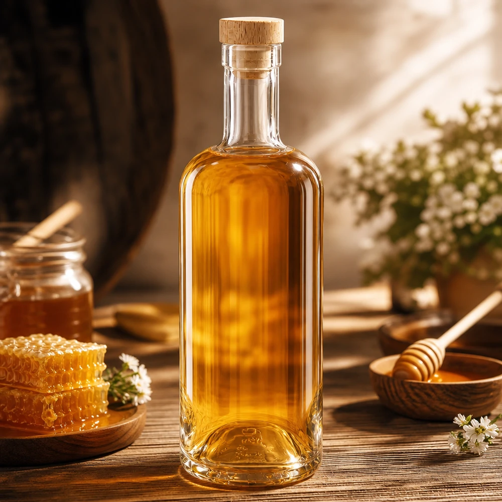 750ml Glasflasche "Attila" mit Holzgriffkorken UNiTWIST® 750ml Glasflasche Emma mit Holzkorken gefüllt mit Honig in rustikaler Küche mit Waben und Honigtopf Lifestyle-Szene