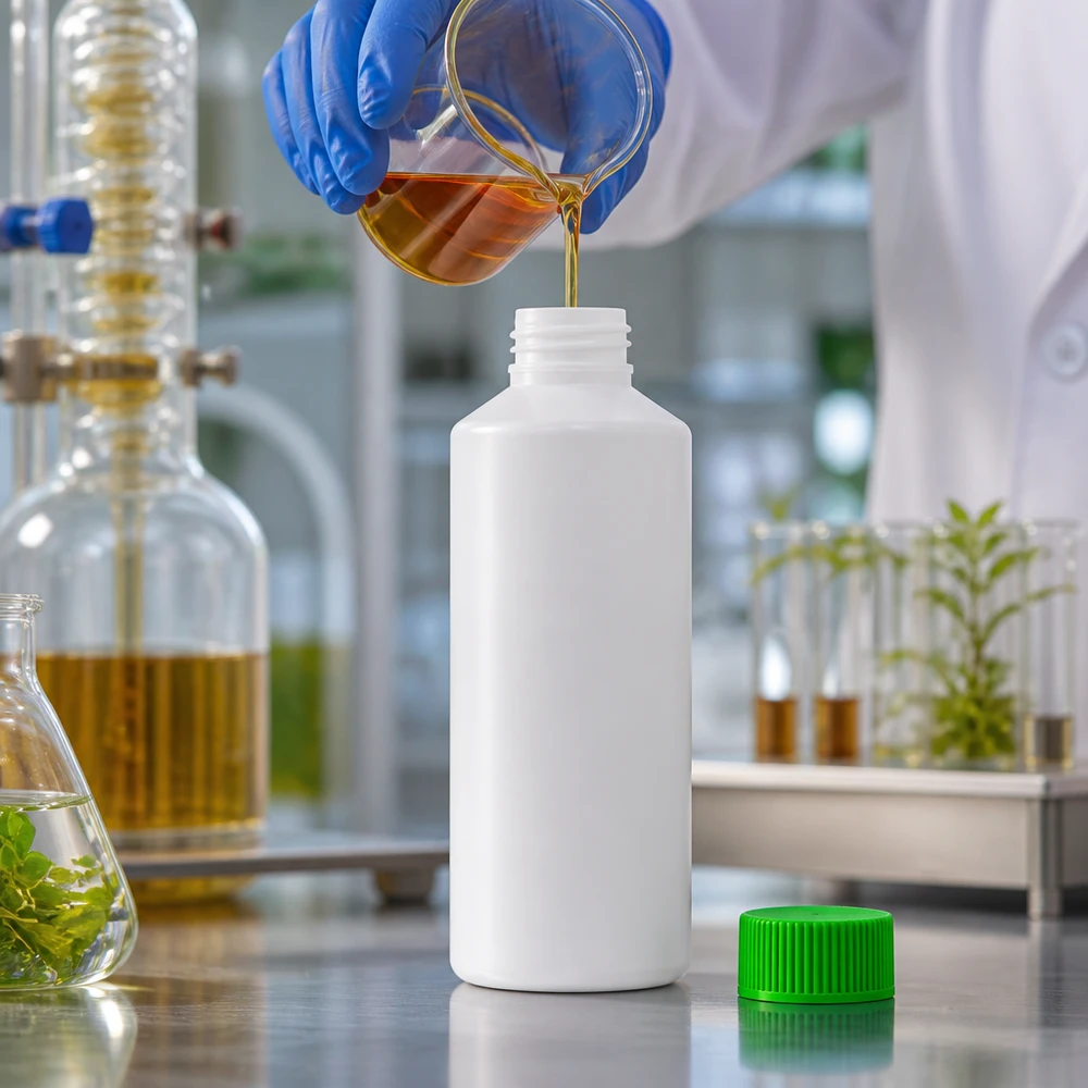 Apothekenflasche HDPE 100ml weiß, mit grünem Schraubverschluss Befüllung einer weißen 100ml Pharmazie-Kunststoffflasche mit goldfarbenem Pflanzenextrakt