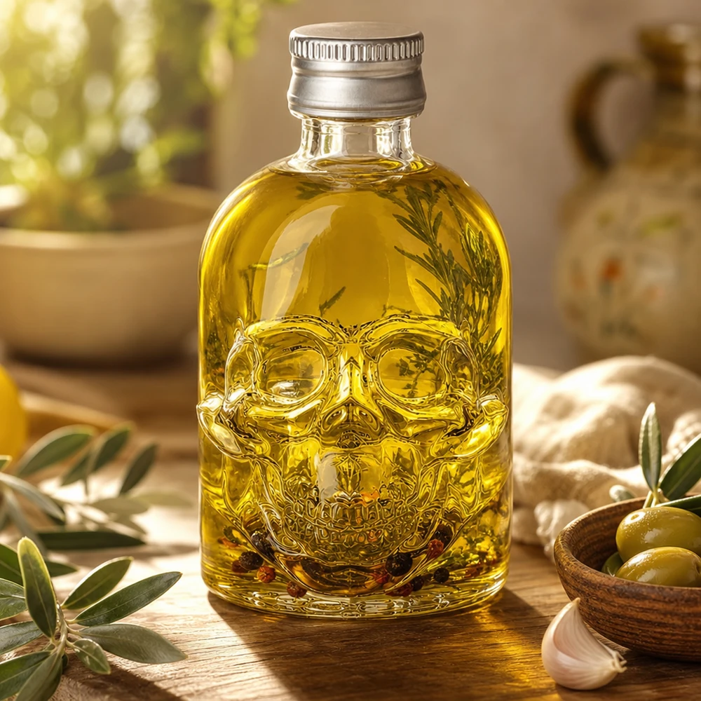 50ml Glasflasche "Hector" + Schraubverschluss silber UNiTWIS 50ml Glasflasche Hector mit Olivenöl und Kräutern befüllt neben Oliven und Knoblauch in mediterraner Küche