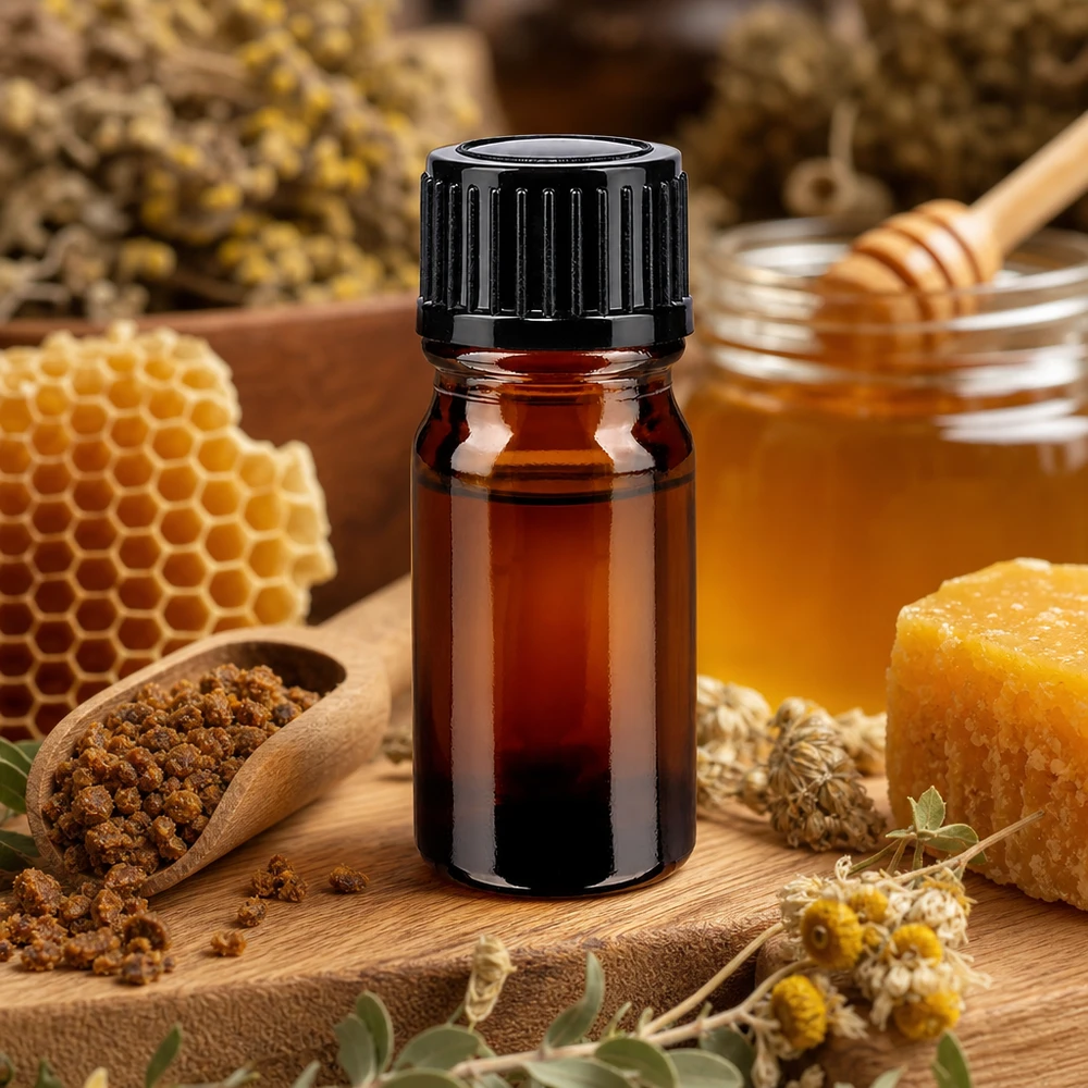 Apothekenflasche braun 5ml Schraubverschluss schwarz Standard Kleine braune Apothekerfl 5ml schwarz verschlossen umgeben von Propolis Honig und Kräutern