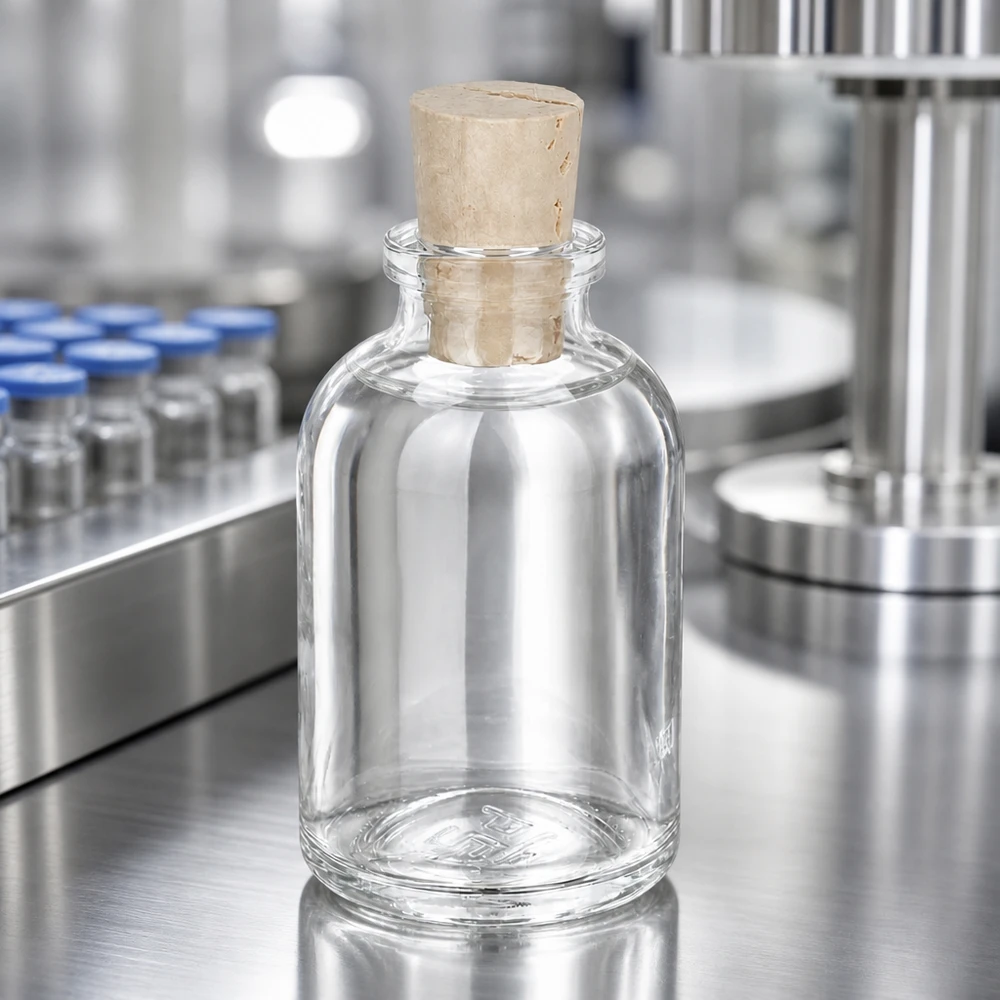Flasche Klarglas 50ml mit Korken 11/14mm Rundbauchige Klarglasflasche mit Naturkorken auf Metalltisch neben automatischer Abfüllmaschine