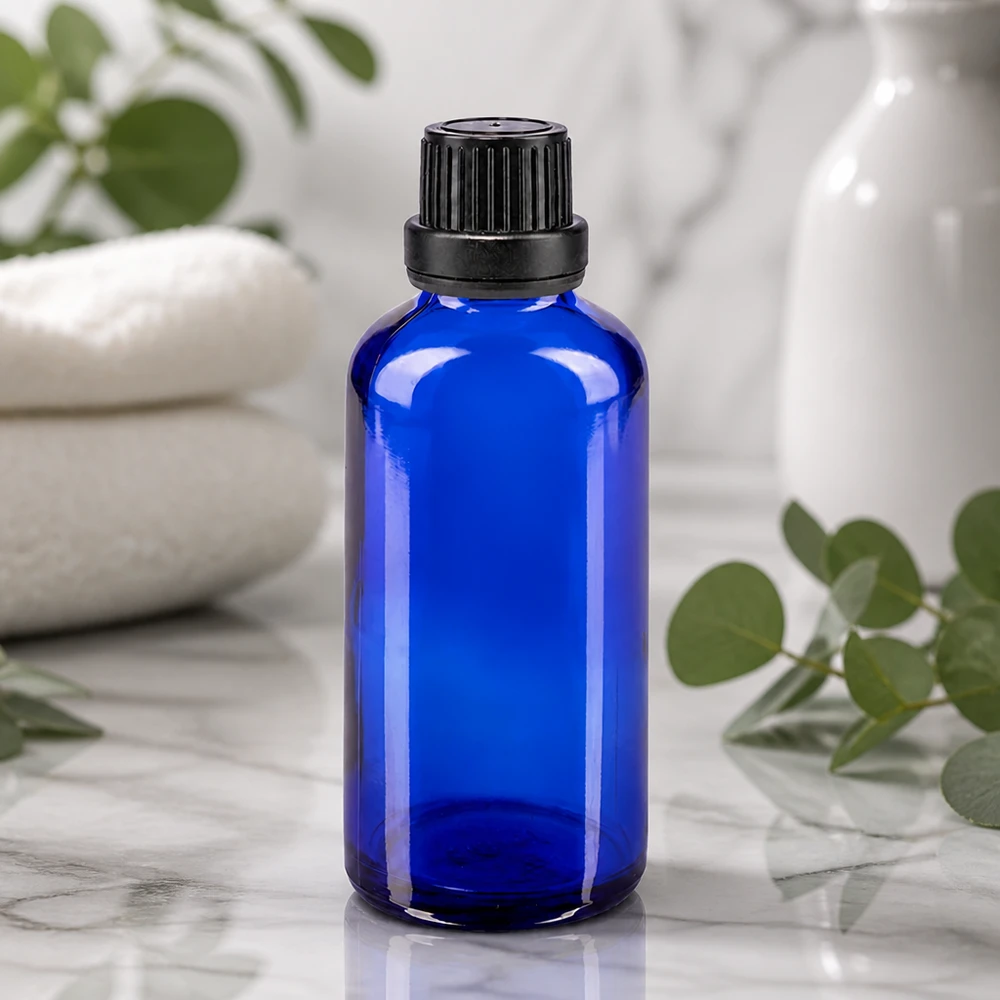 Kobaltblaue Apothekerflasche 50ml neben Eukalyptus und gefalteten weißen Handtüchern