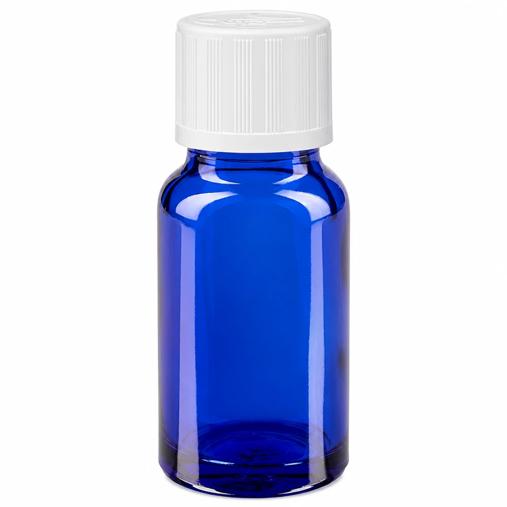 Kleine blaue Glasflasche 10ml mit weißem KiSi-Verschluss für Tropfen und ätherische Öle