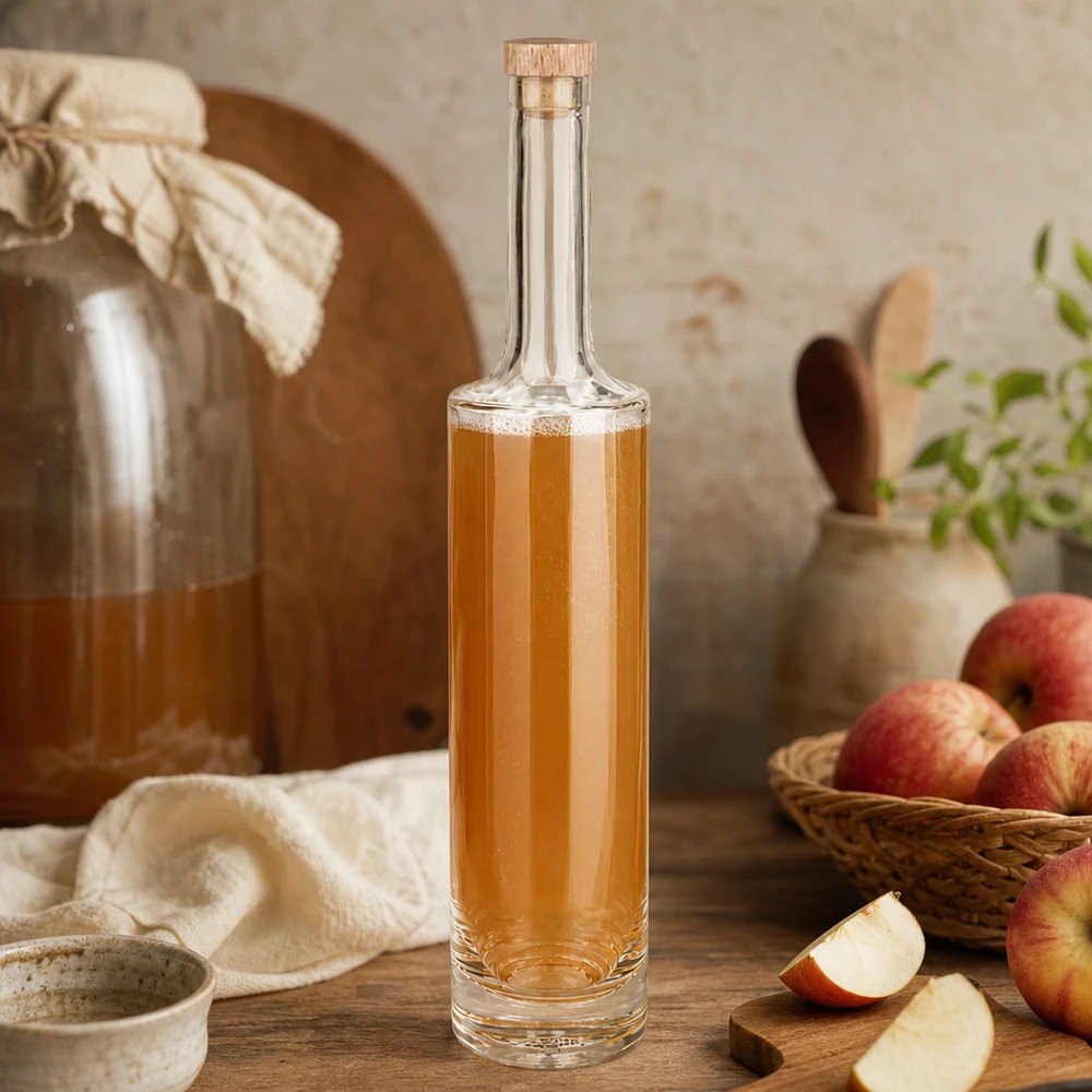 500ml Glasflasche "Rosa" mit Holzgriffkorken UNiTWIST® 500ml Glasflasche Rosa mit Apfelbrand gefüllt in rustikaler Küche mit frischen Äpfeln und Holzkorken UNiTWIST