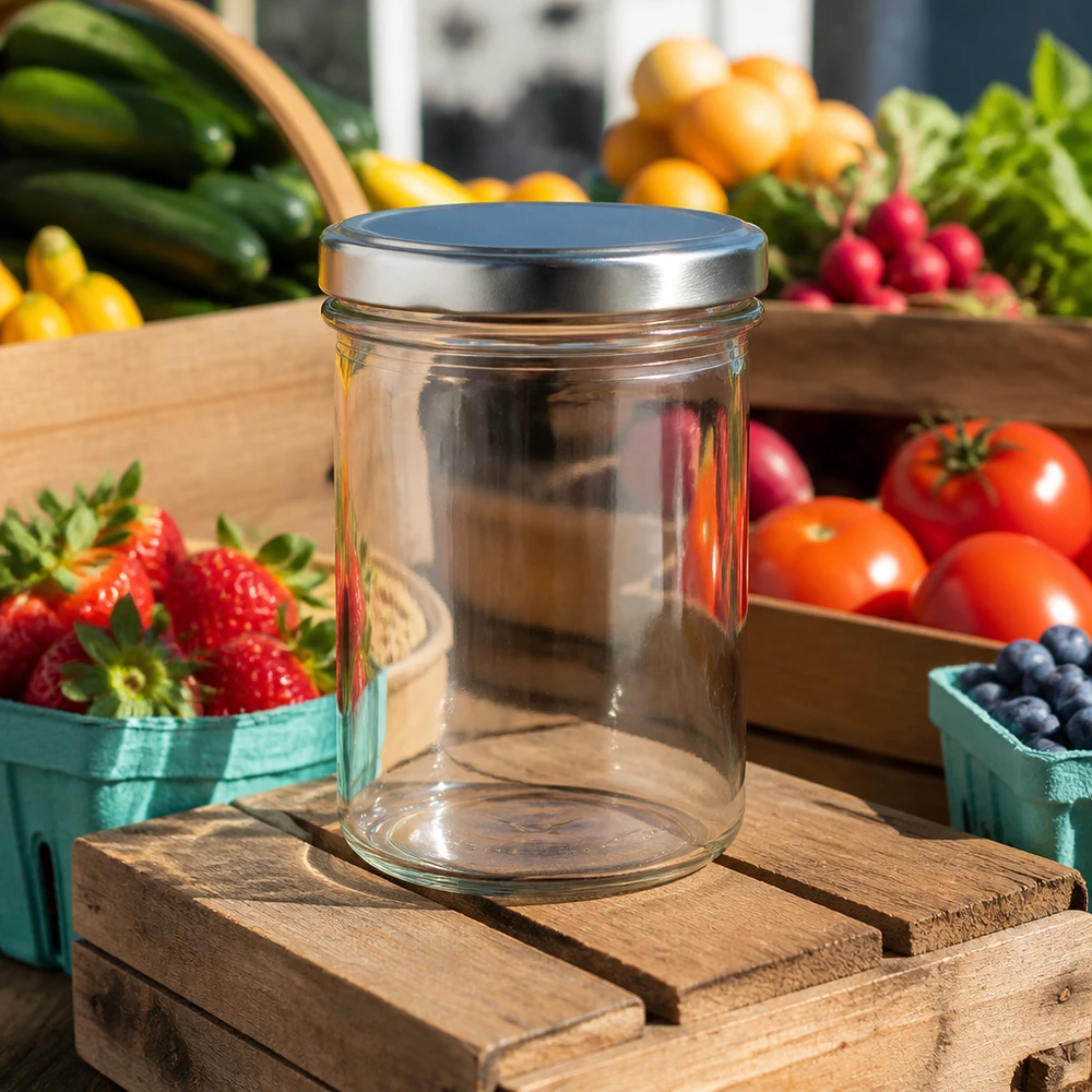 350ml Sturzglas mit BasicSeal Deckel silber UNiTWIST 350ml Sturzglas mit silbernem Deckel in Küche umgeben von frischem Obst und Gemüse Einmachglas Vorratsbehälter