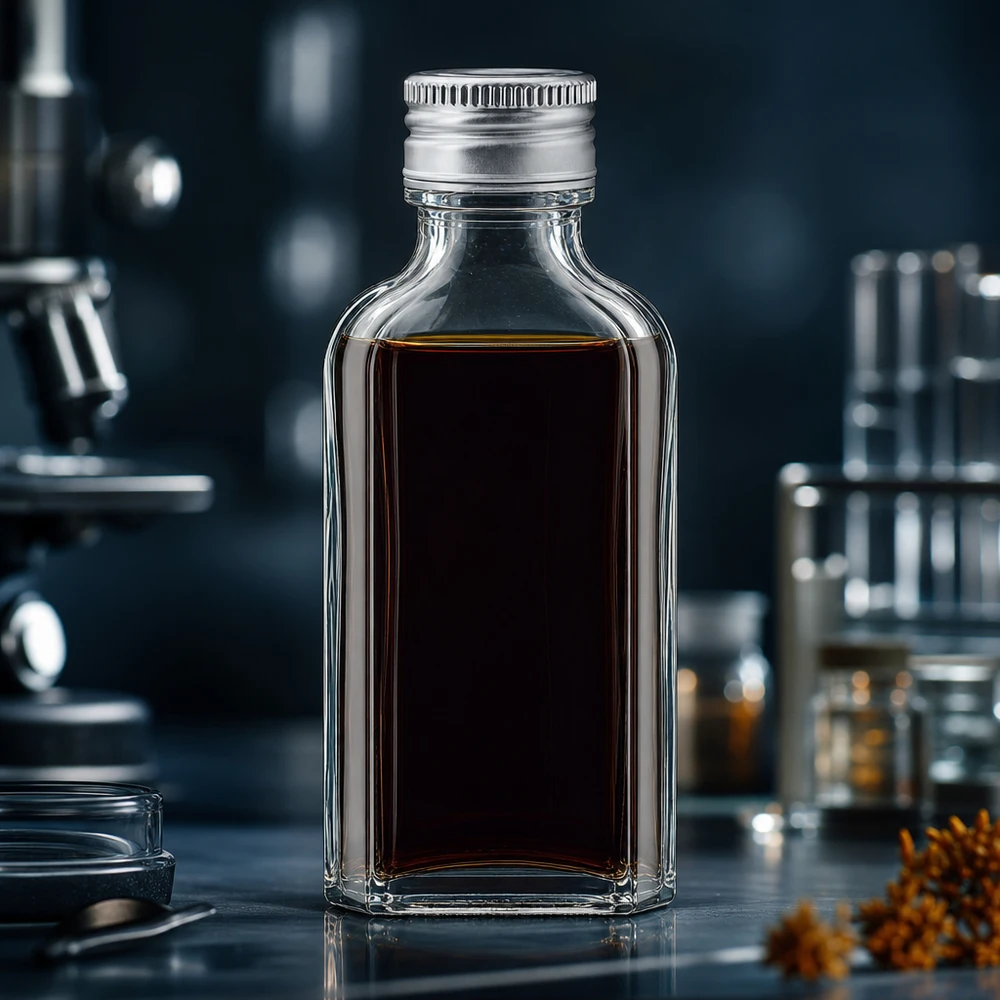 Rechteckige 50ml Meplat Klarglasflasche mit Aluminiumverschluss PP22 neben Mikroskop und Reagenzgläsern