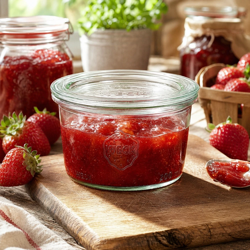 WECK Sturzglas 200ml RR80 mit selbstgemachter Erdbeermarmelade gefüllt auf Holzbrett mit frischen Erdbeeren
