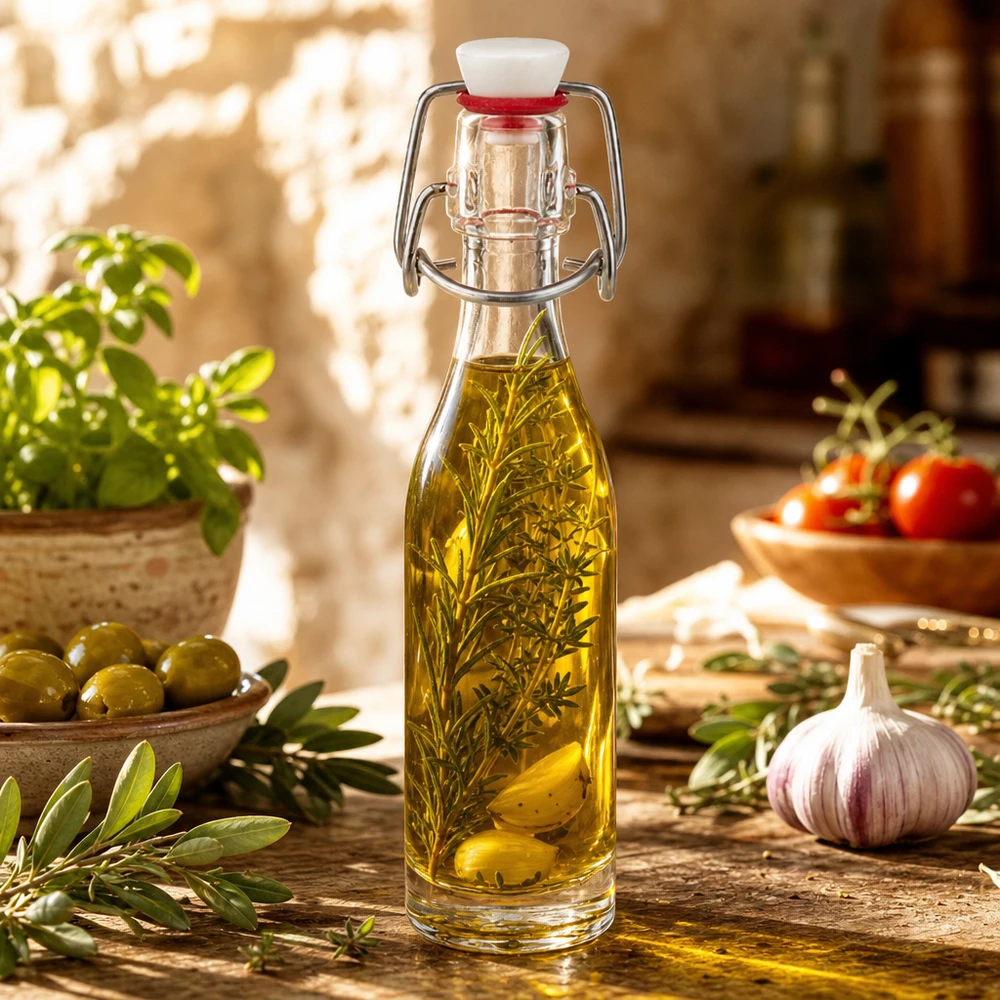 50ml Glasflasche mit Bügelverschluss gefüllt mit Kräuteröl neben Oliven Knoblauch und frischen Kräutern