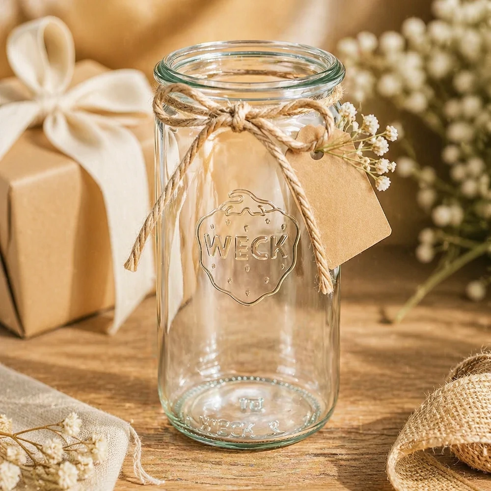 340ml Zylinderglas WECK RR60 WECK Zylinderglas 340ml RR60 als Geschenk dekoriert mit Juteschnur und Anhänger in rustikaler Dekoszene