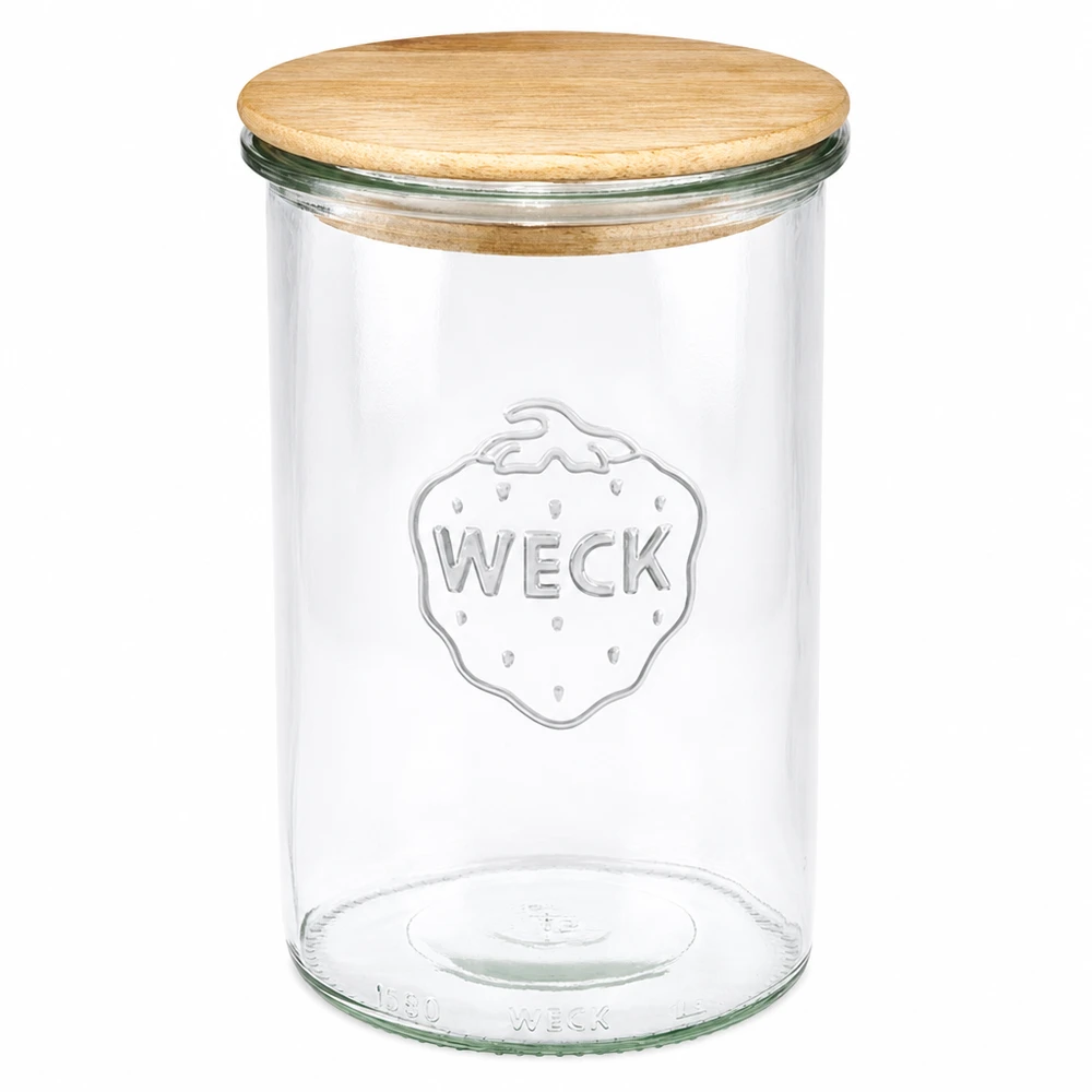 WECK Sturzglas 1000ml RR100 mit Holzdeckel aus Eichenholz transparent leeres Einmachglas für Vorratshaltung