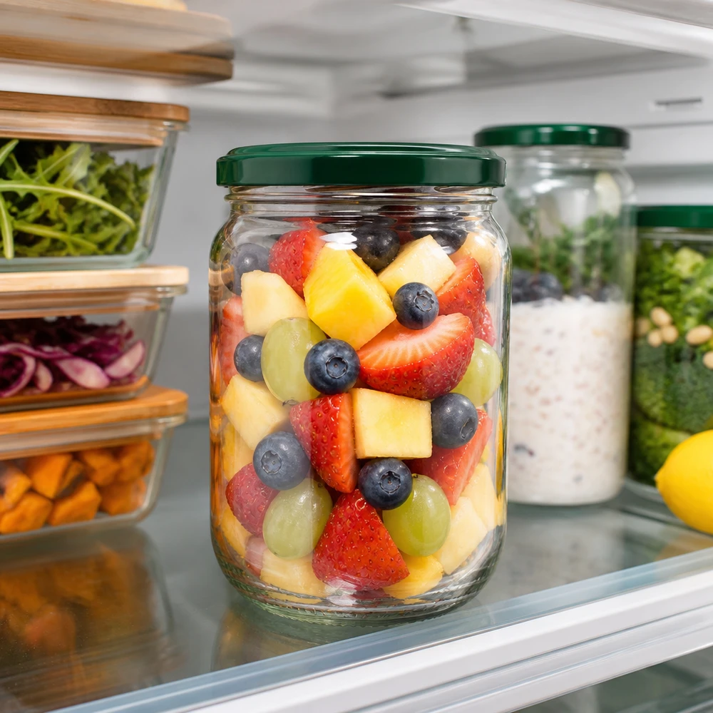 555ml Rundglas + BasicSeal Deckel grün UNiTWIST Lebensmittelaufbewahrung im Kühlschrank mit 555ml UNiTWIST Glas Erdbeeren Blaubeeren und Mango