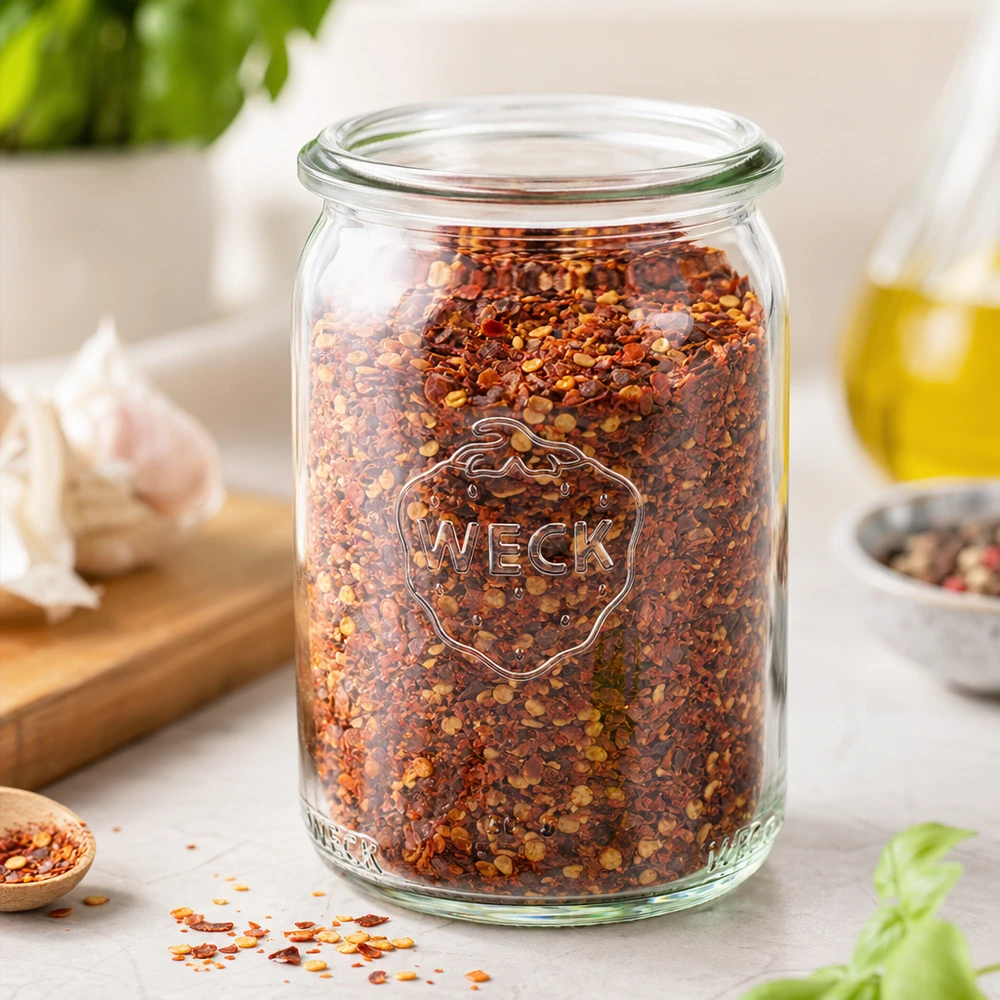 WECK RR40 Glas 145ml mit roten Chili-Gewürzflocken gefüllt auf weißer Küchenarbeitsplatte mit Knoblauch und Öl