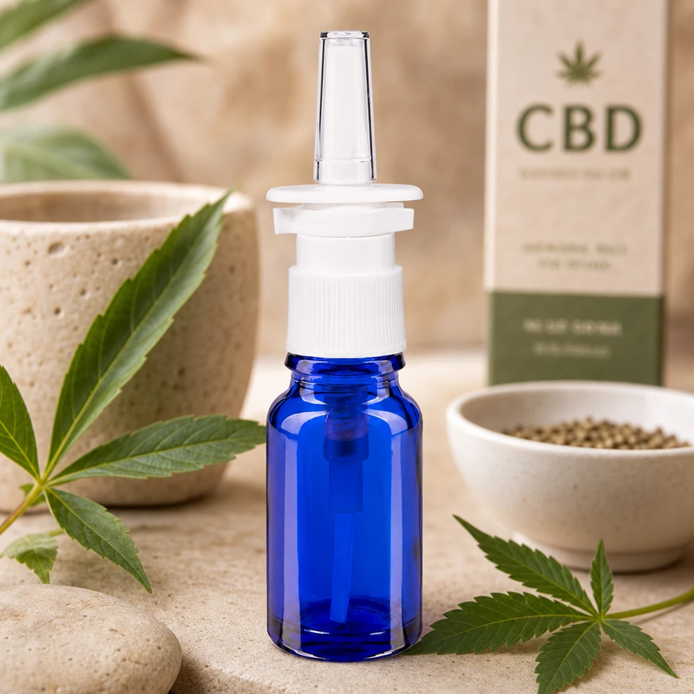 Blaue 10ml ApoGlas-Flasche mit weißem Pumpmechanismus und natürlicher Kräuterdekoration