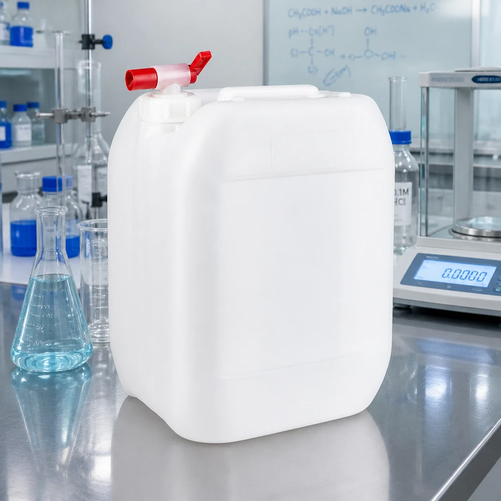 Kanister 10 Liter mit Auslaufhahn Lebensmittelechter 10 Liter Kanister mit Auslaufhahn neben Erlenmeyerkolben und Analysenwaage