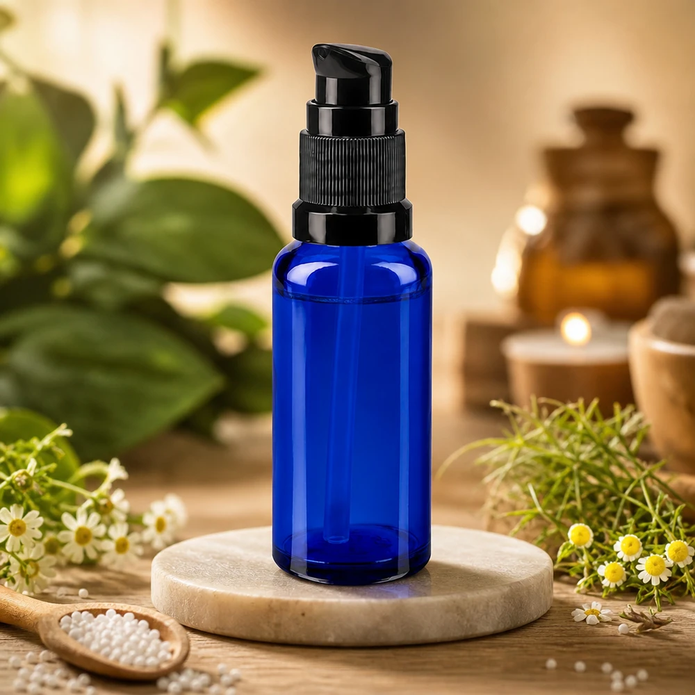 Blaue 30ml Serumflasche aus Apothekerglas mit Dosierpumpe auf Marmorsockel
