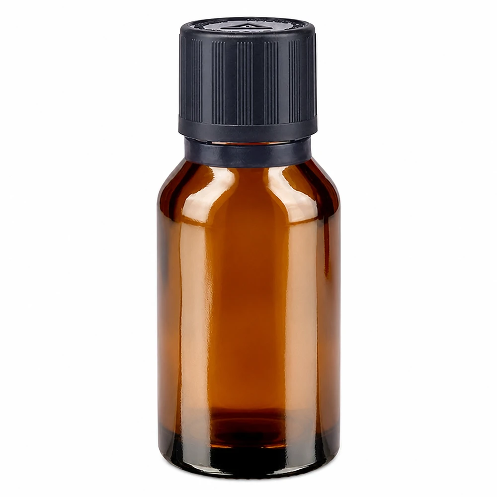 Apothekenflasche braun 15ml Tropfer Giessring 1mm schwarz Kindersicherung Blindenwarnsymbol Originalitätsverschluss 15ml Tropfflasche aus braunem Glas mit originalverschlossenem Kindersicherheitsdeckel schwarz