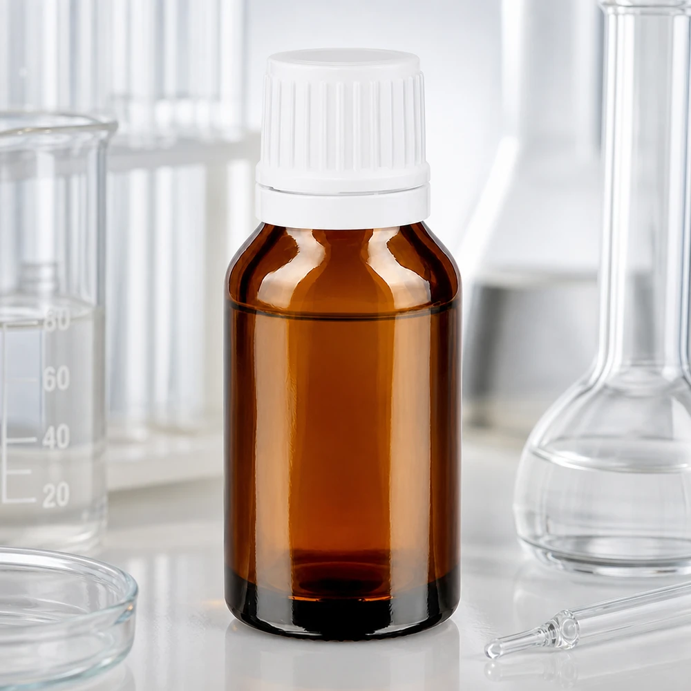 Medizinische Braunglasflasche 15ml mit Tropfverschluss 1,2mm auf weißer Laboroberfläche