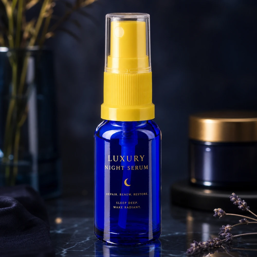 Apothekenglas 30ml in Kobaltblau mit Standard-Zerstäuber gelb transparent auf Marmoroberfläche