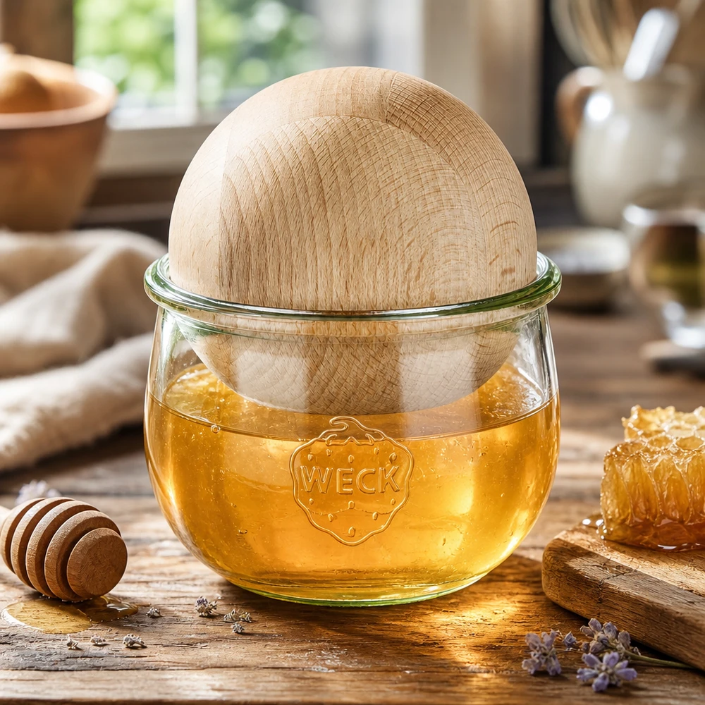 580ml Tulpenglas WECK RR100 mit Holzkugel Buche WECK Tulpenglas 580ml mit Buchenholzkugel gefüllt mit Honig, dekorative Aufbewahrung für Naturprodukte und Küchenzubehör