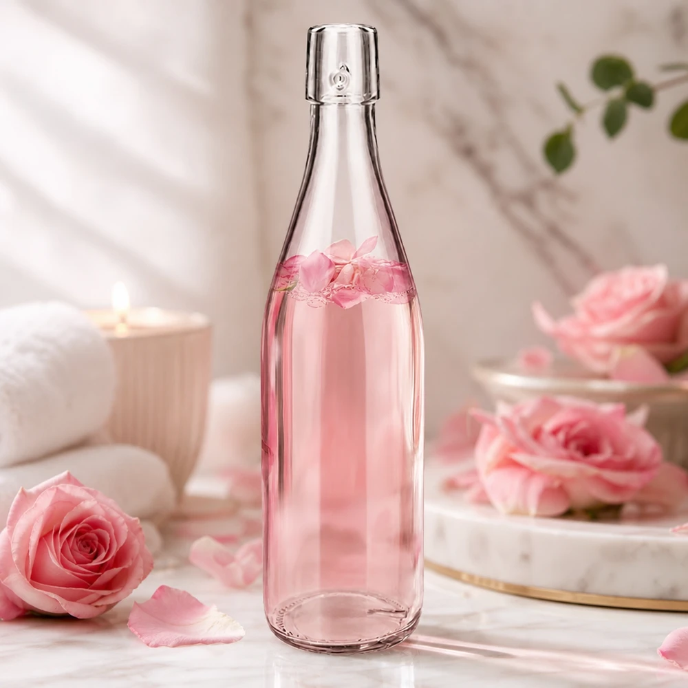 500ml UNiTWIST Glasflasche mit Rosenwasser in romantischer Ambiente-Szene mit rosa Rosen als Dekoration