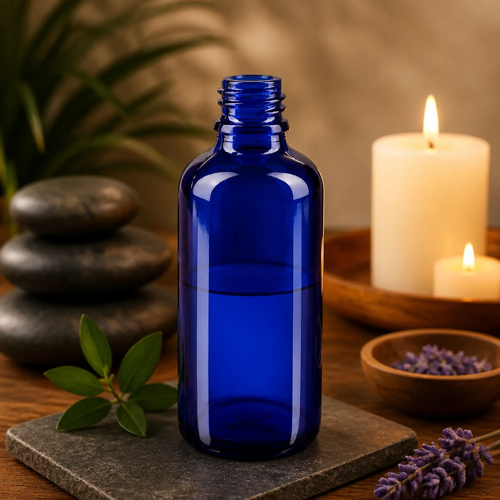 Tropfflasche 50ml DIN 18 BLAUGLAS Klassische blaue Glasflasche ApoGlas 50ml mit traditionellem Apothekerdesign für Naturheilkunde