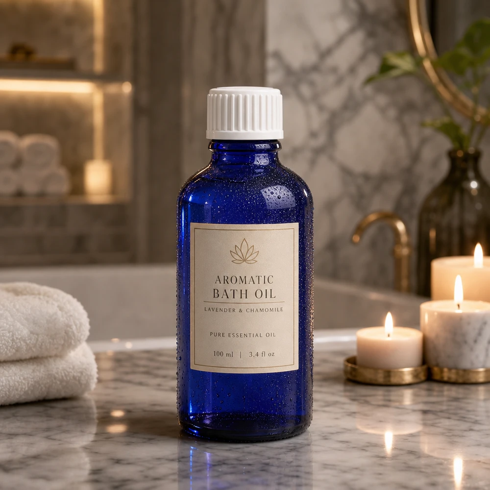 Apothekenflasche blau 50ml Schraubverschluss weiß Globuli Standard Runde blaue Glasflasche mit weißem Schraubdeckel neben brennenden Kerzen auf Marmoroberfläche