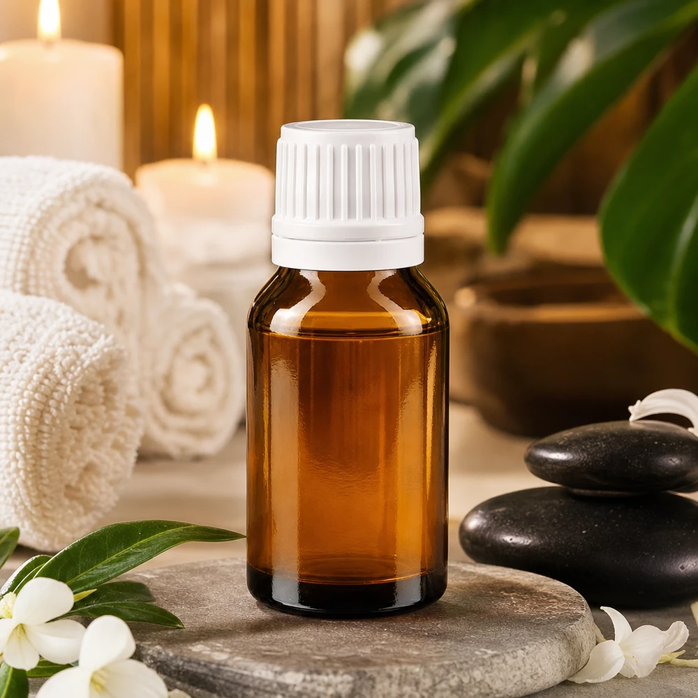 Apothekenflasche braun 30ml Schraubverschluss weiß Originalitätsverschluss Kleine 30ml Apothekerflasche aus Braunglas mit weißem OV-Deckel im Spa-Ambiente