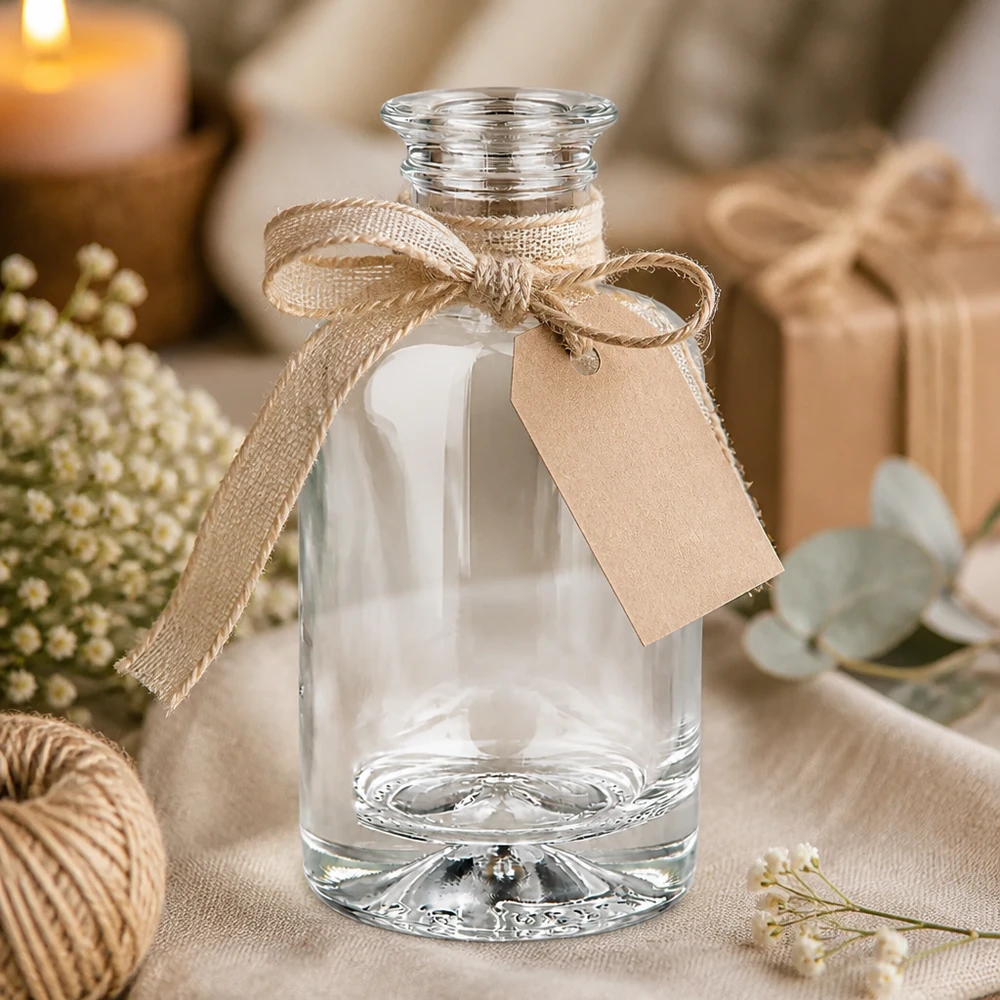 100ml Glasflasche Sofia dekorativ mit Jute-Schleife und Anhänger stylisch inszeniert für Geschenke und DIY-Projekte