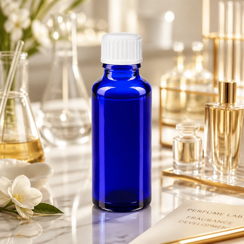 Apothekenflasche blau 30ml Schraubverschluss weiß Standard Blaue 30ml Apothekerglasflasche mit SV STD weiss neben Laborkolben und Jasminblüten